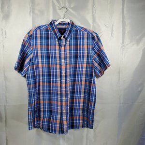 Saddlebred Button Up Short Sleeve Plaid Shirt Blue Yellow Pink Men Sz L